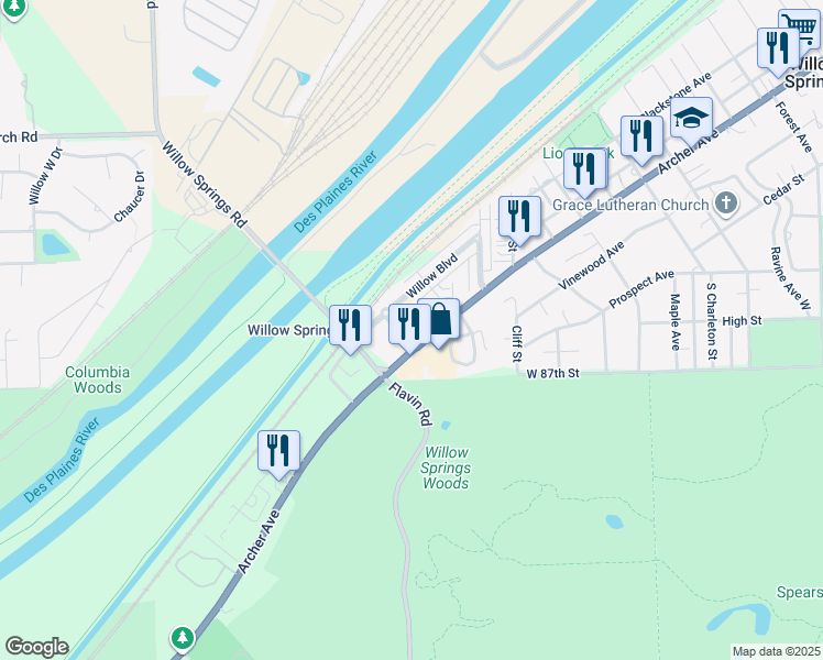map of restaurants, bars, coffee shops, grocery stores, and more near 123 Market Street in Willow Springs