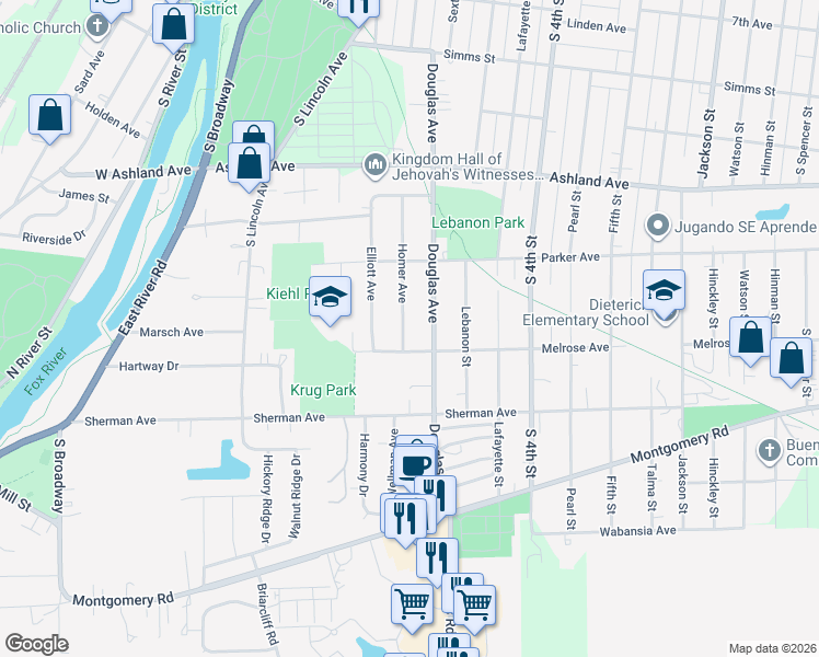 map of restaurants, bars, coffee shops, grocery stores, and more near 1154 Homer Avenue in Aurora