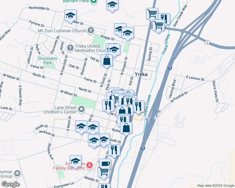 map of restaurants, bars, coffee shops, grocery stores, and more near 207 3rd Street in Yreka