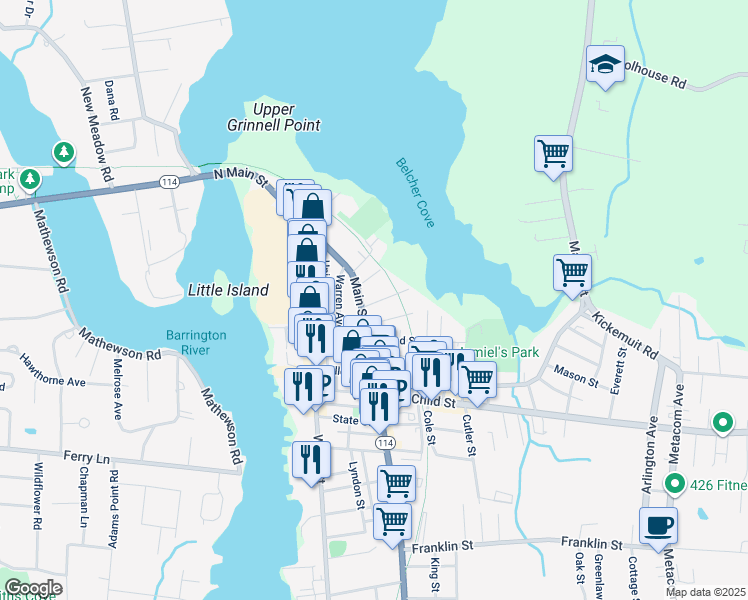 map of restaurants, bars, coffee shops, grocery stores, and more near 324 Main Street in Warren