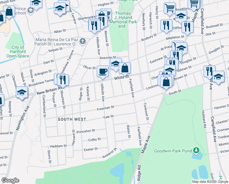map of restaurants, bars, coffee shops, grocery stores, and more near 166 Linnmoore Street in Hartford
