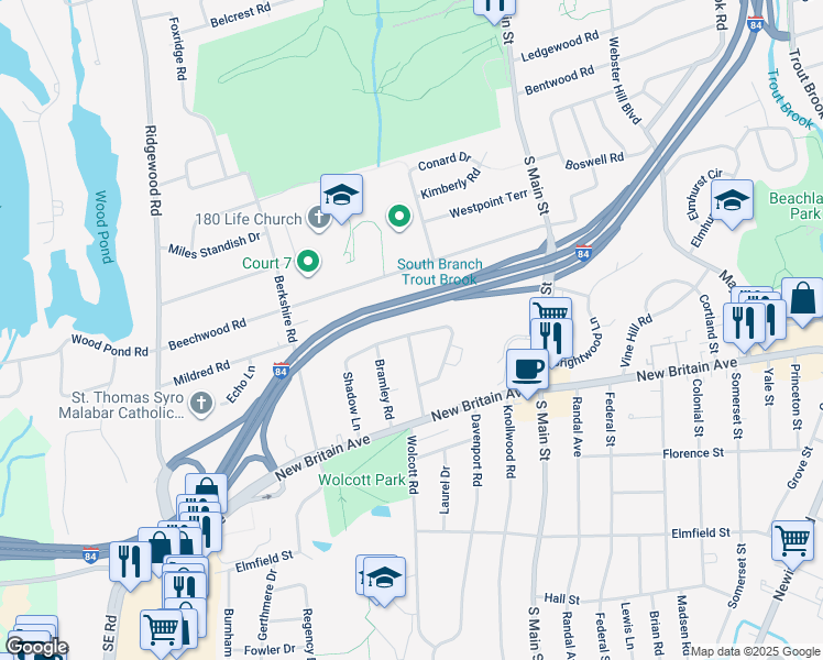 map of restaurants, bars, coffee shops, grocery stores, and more near 32 Valley Crest Drive in West Hartford