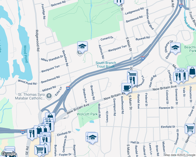 map of restaurants, bars, coffee shops, grocery stores, and more near 32 Valley Crest Drive in West Hartford