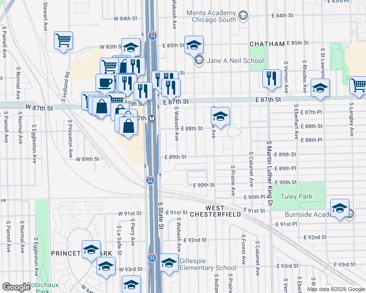 map of restaurants, bars, coffee shops, grocery stores, and more near 8854 South Wabash Avenue in Chicago