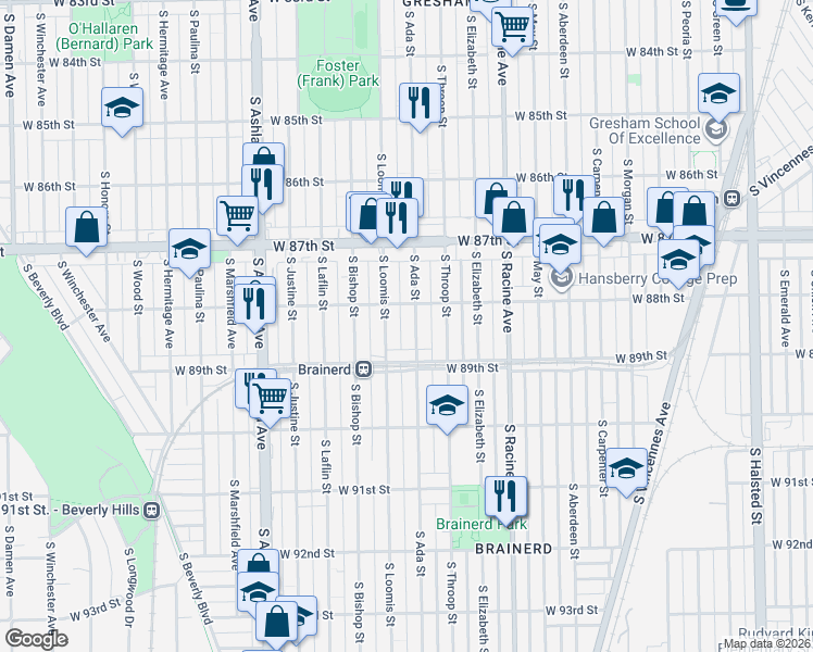 map of restaurants, bars, coffee shops, grocery stores, and more near 8834 South Ada Street in Chicago