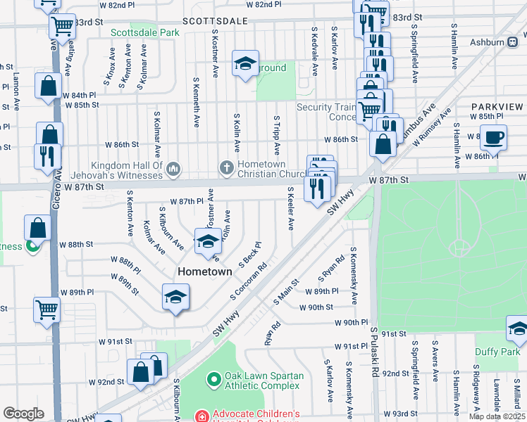map of restaurants, bars, coffee shops, grocery stores, and more near 8756 South Beck Place in Hometown
