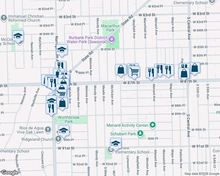 map of restaurants, bars, coffee shops, grocery stores, and more near 8739 Meade Avenue in Oak Lawn