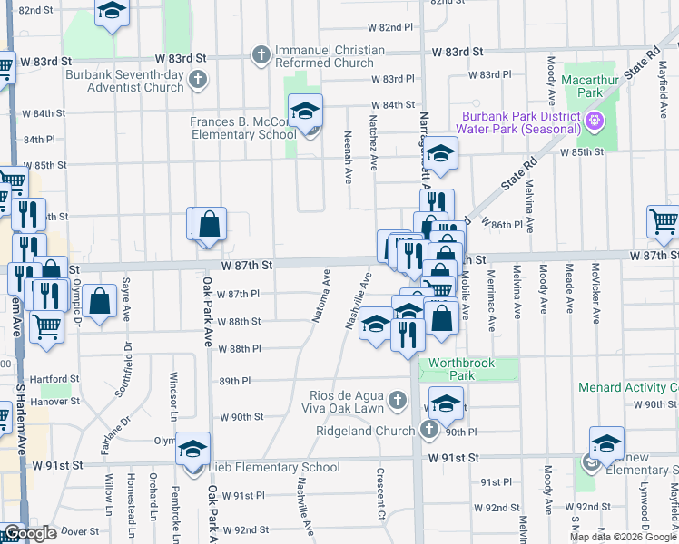 map of restaurants, bars, coffee shops, grocery stores, and more near 6600 West 87th Place in Oak Lawn