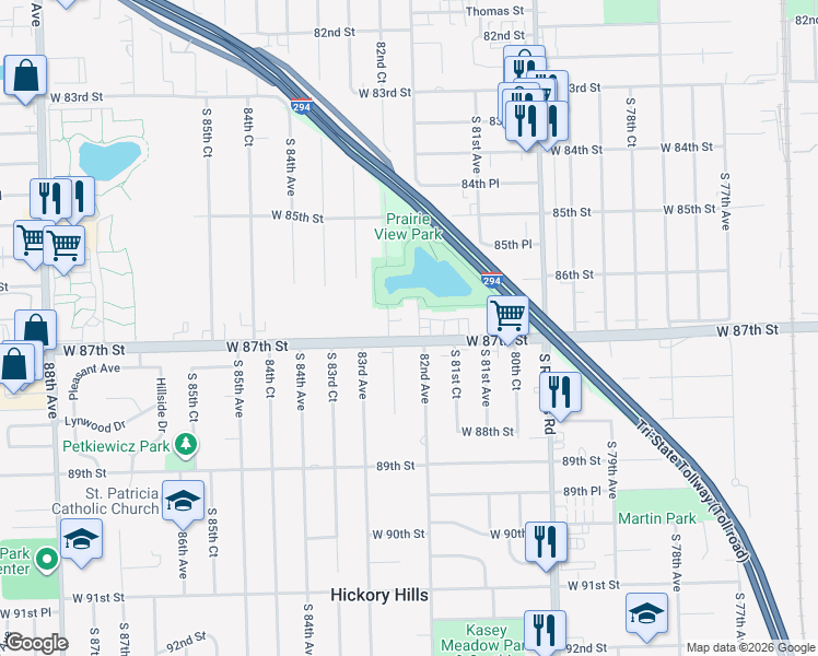 map of restaurants, bars, coffee shops, grocery stores, and more near 8700 South 82nd Avenue in Hickory Hills