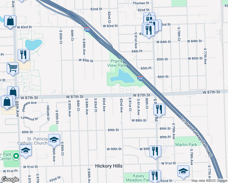 map of restaurants, bars, coffee shops, grocery stores, and more near 8700 South 82nd Court in Hickory Hills