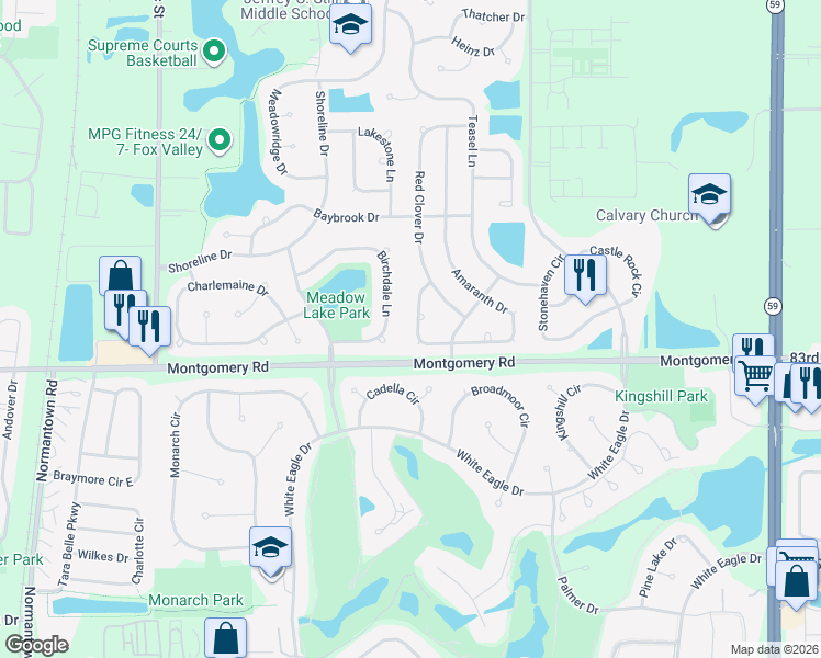 map of restaurants, bars, coffee shops, grocery stores, and more near 1246 Birchdale Lane in Aurora