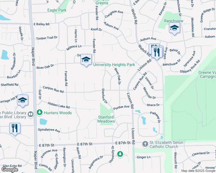map of restaurants, bars, coffee shops, grocery stores, and more near 1936 Stanford Drive in Naperville