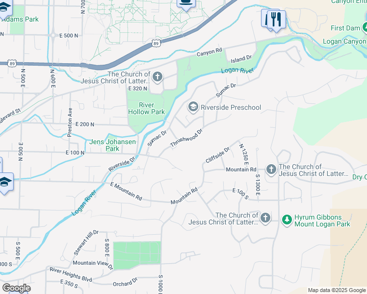 map of restaurants, bars, coffee shops, grocery stores, and more near 1034 Thrushwood Drive in Logan