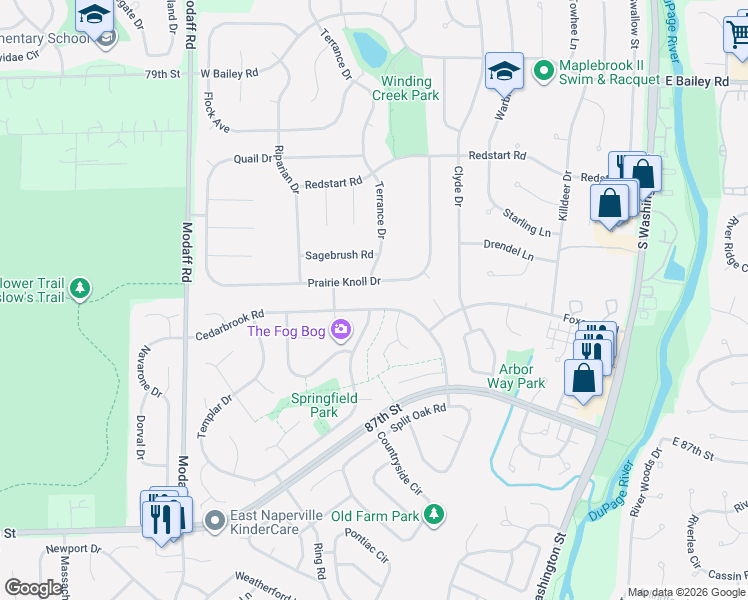 map of restaurants, bars, coffee shops, grocery stores, and more near 204 Cedarbrook Road in Naperville