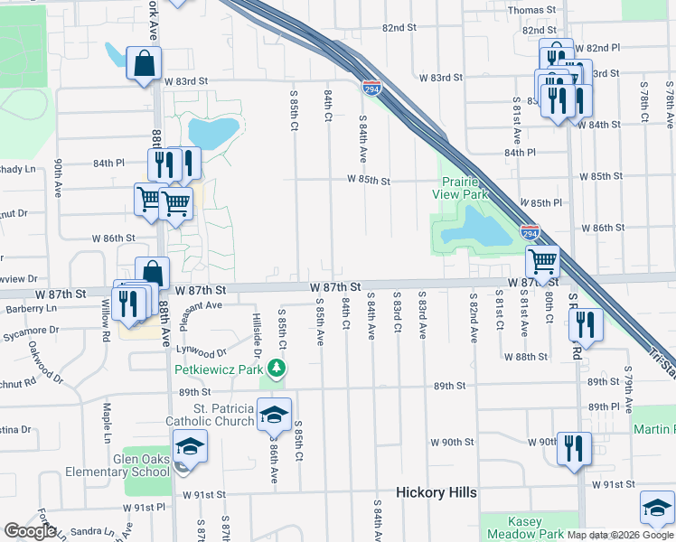 map of restaurants, bars, coffee shops, grocery stores, and more near 8424 West 87th Street in Hickory Hills
