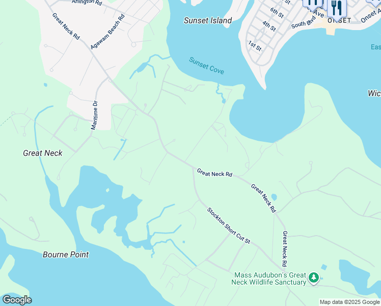 map of restaurants, bars, coffee shops, grocery stores, and more near 4 Over Jordan Road in Wareham