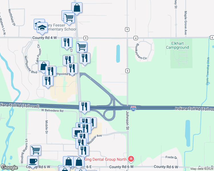 map of restaurants, bars, coffee shops, grocery stores, and more near 26136 Rogers Road in Elkhart