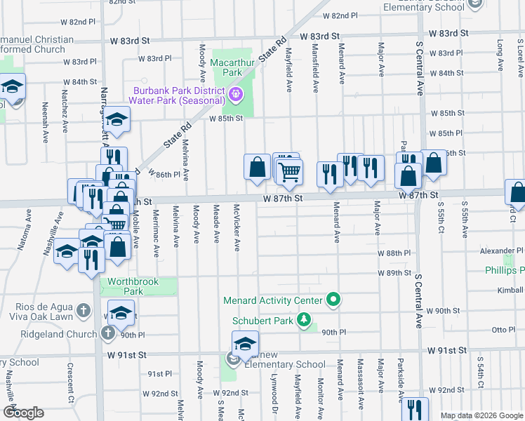 map of restaurants, bars, coffee shops, grocery stores, and more near 5923 West 87th Place in Oak Lawn