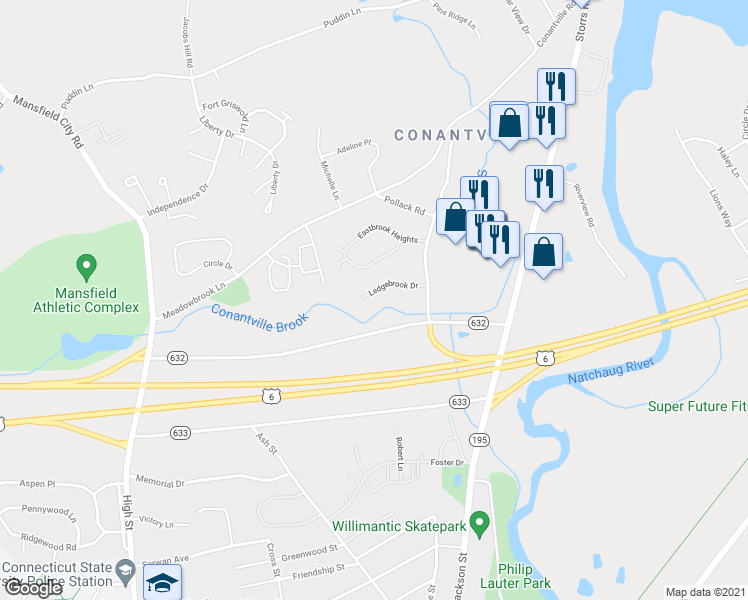 map of restaurants, bars, coffee shops, grocery stores, and more near 69C Eastbrook Heights in Mansfield