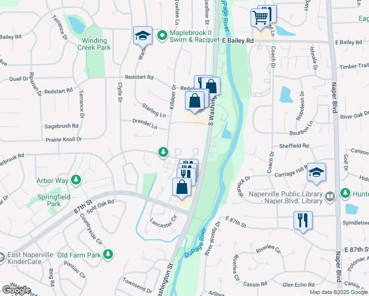 map of restaurants, bars, coffee shops, grocery stores, and more near 35 Foxcroft Road in Naperville