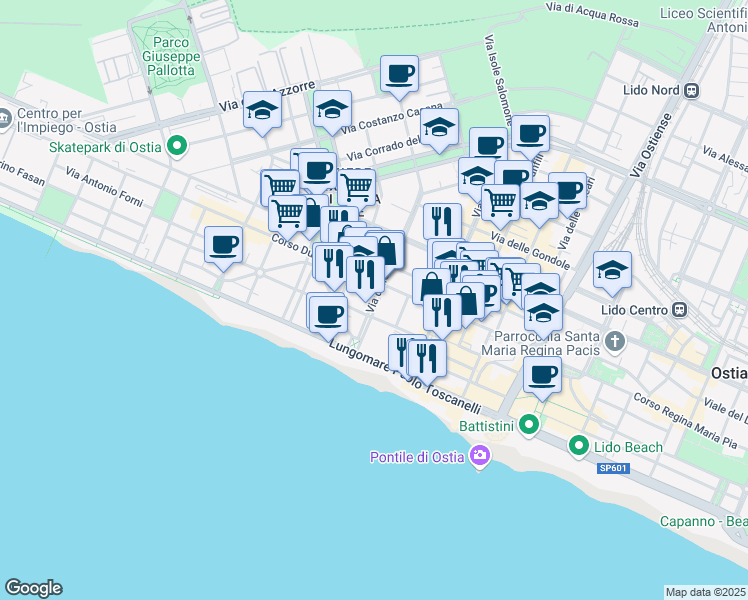 map of restaurants, bars, coffee shops, grocery stores, and more near 40 Via Adolfo Cozza in Lido di Ostia
