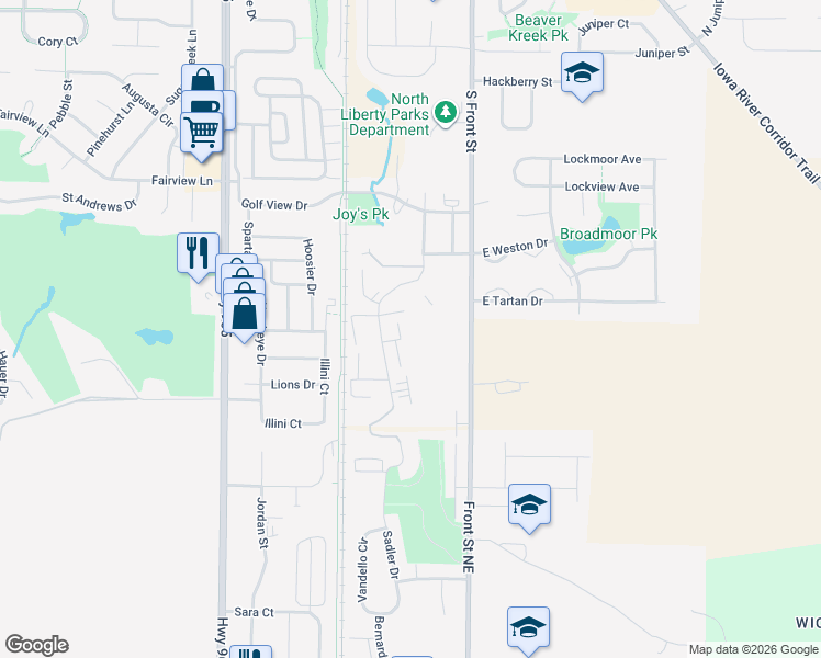 map of restaurants, bars, coffee shops, grocery stores, and more near 880 Rachael Street in North Liberty