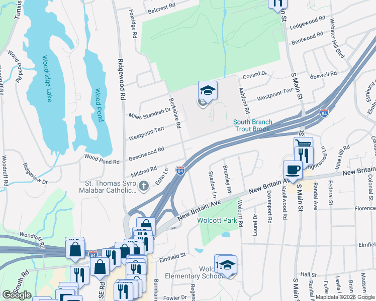 map of restaurants, bars, coffee shops, grocery stores, and more near 54 Berkshire Road in West Hartford