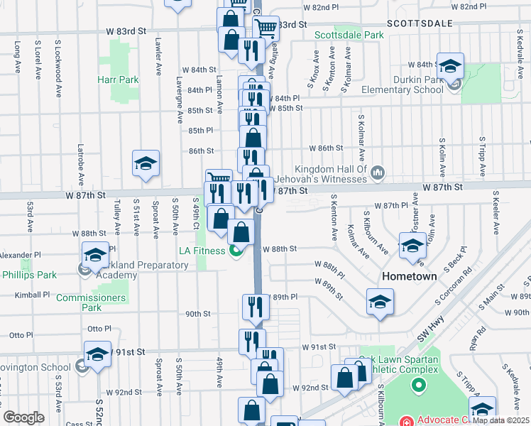 map of restaurants, bars, coffee shops, grocery stores, and more near 8755 South Cicero Avenue in Hometown