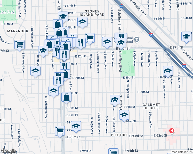 map of restaurants, bars, coffee shops, grocery stores, and more near 8913 South Constance Avenue in Chicago