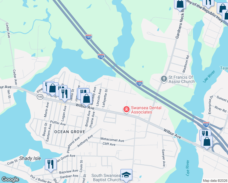 map of restaurants, bars, coffee shops, grocery stores, and more near 150 Coolidge Street in Swansea