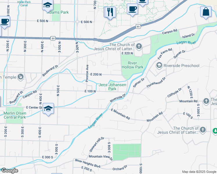 map of restaurants, bars, coffee shops, grocery stores, and more near 831 East 100 North in Logan