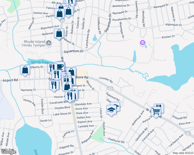 map of restaurants, bars, coffee shops, grocery stores, and more near 156 West Shore Road in Warwick