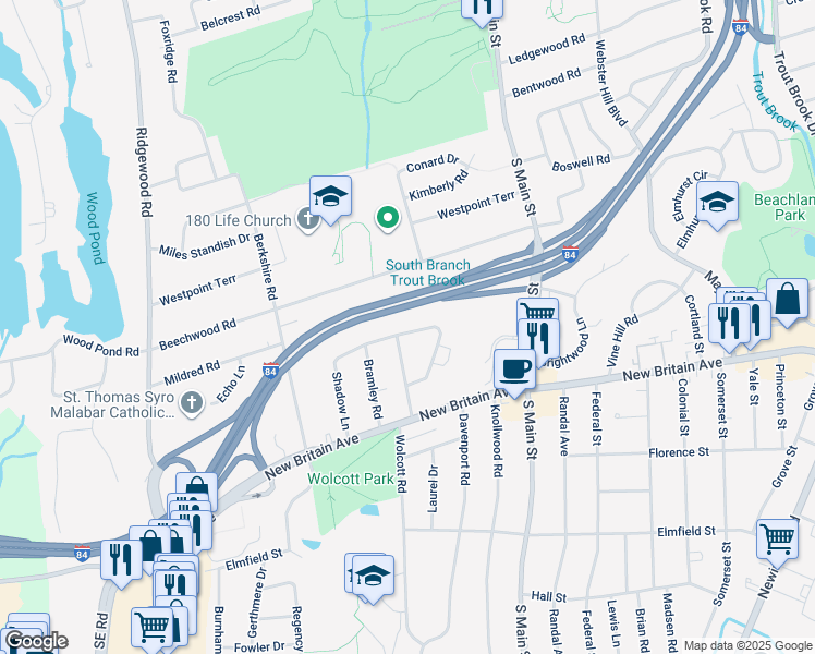 map of restaurants, bars, coffee shops, grocery stores, and more near 32 Valley Crest Drive in West Hartford