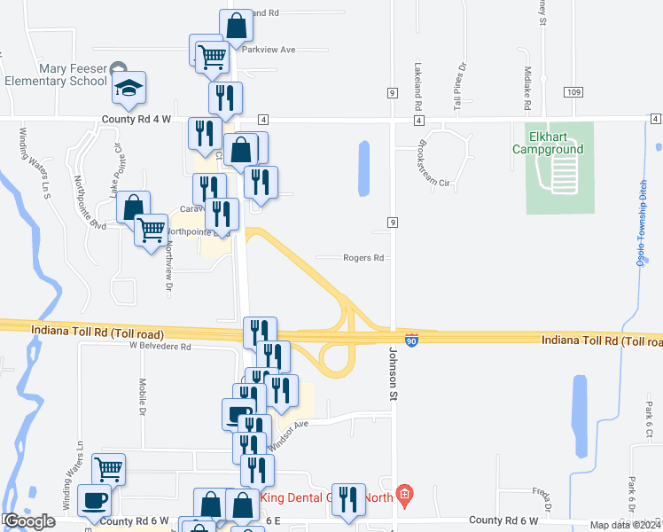 map of restaurants, bars, coffee shops, grocery stores, and more near 26136 Rogers Road in Elkhart