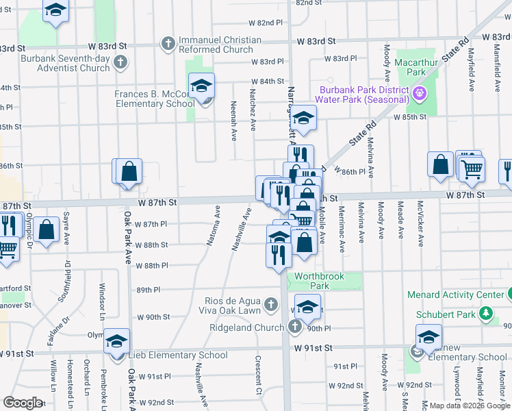 map of restaurants, bars, coffee shops, grocery stores, and more near 6424 West 87th Place in Oak Lawn