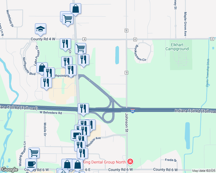 map of restaurants, bars, coffee shops, grocery stores, and more near 26136 Rogers Road in Elkhart