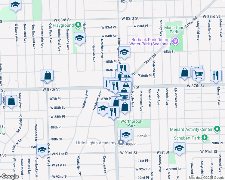 map of restaurants, bars, coffee shops, grocery stores, and more near 6424 West 87th Place in Oak Lawn