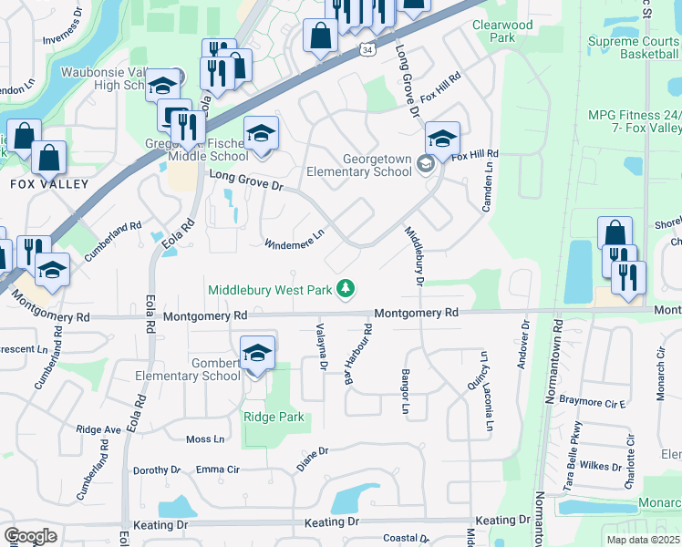 map of restaurants, bars, coffee shops, grocery stores, and more near 1127 Brunswick Lane in Aurora