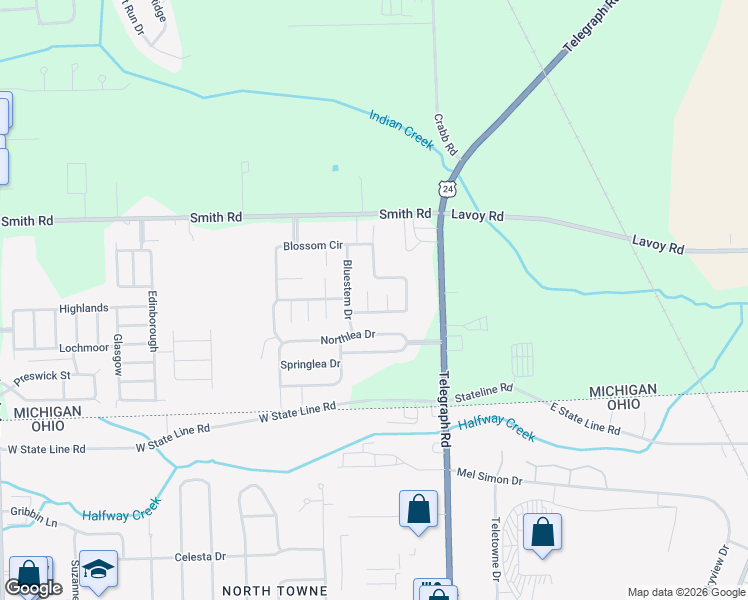 map of restaurants, bars, coffee shops, grocery stores, and more near 241 Wildflower Circle in Erie