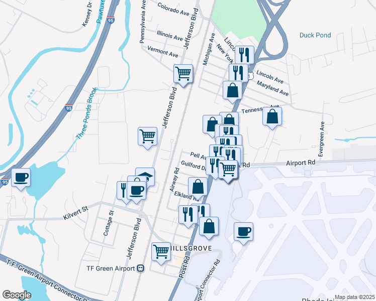 map of restaurants, bars, coffee shops, grocery stores, and more near 67 Pell Avenue in Warwick