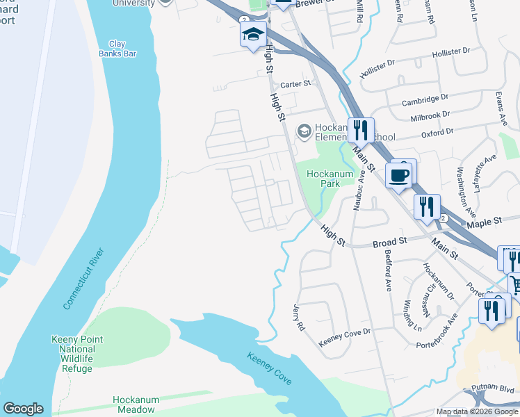 map of restaurants, bars, coffee shops, grocery stores, and more near 1 Cherokee Road in East Hartford