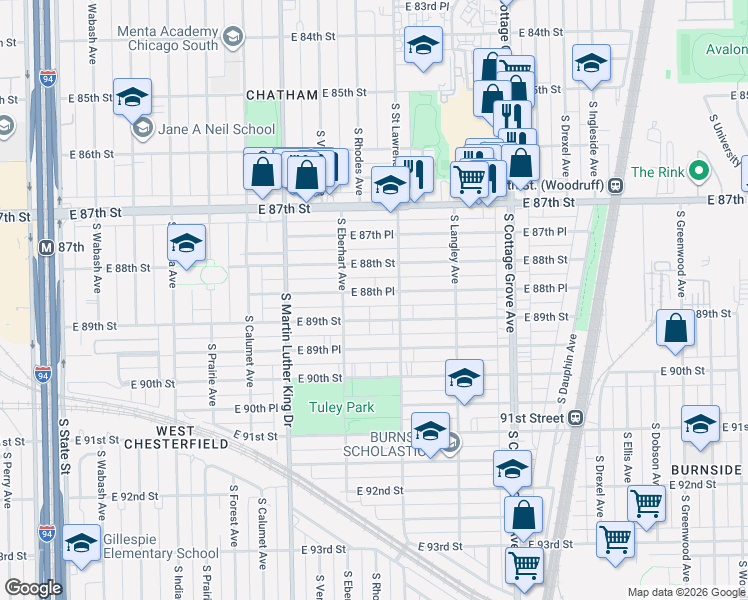 map of restaurants, bars, coffee shops, grocery stores, and more near 533 East 88th Place in Chicago