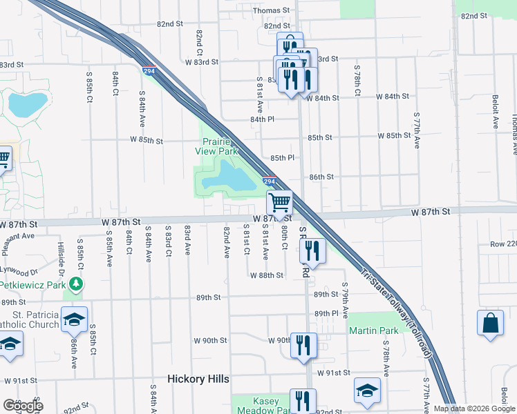 map of restaurants, bars, coffee shops, grocery stores, and more near 8100 West 87th Street in Hickory Hills