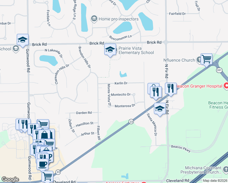 map of restaurants, bars, coffee shops, grocery stores, and more near 15200-15498 Montecito Dr in Granger