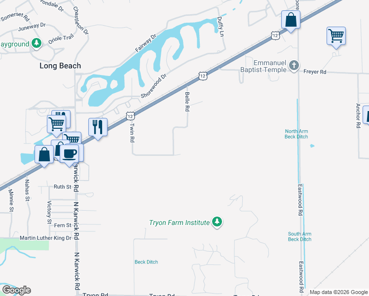 map of restaurants, bars, coffee shops, grocery stores, and more near 276 Twin Road in Michigan City