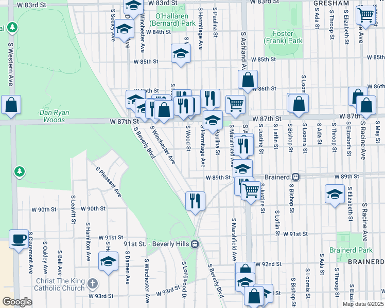 map of restaurants, bars, coffee shops, grocery stores, and more near 8809 South Wood Street in Chicago
