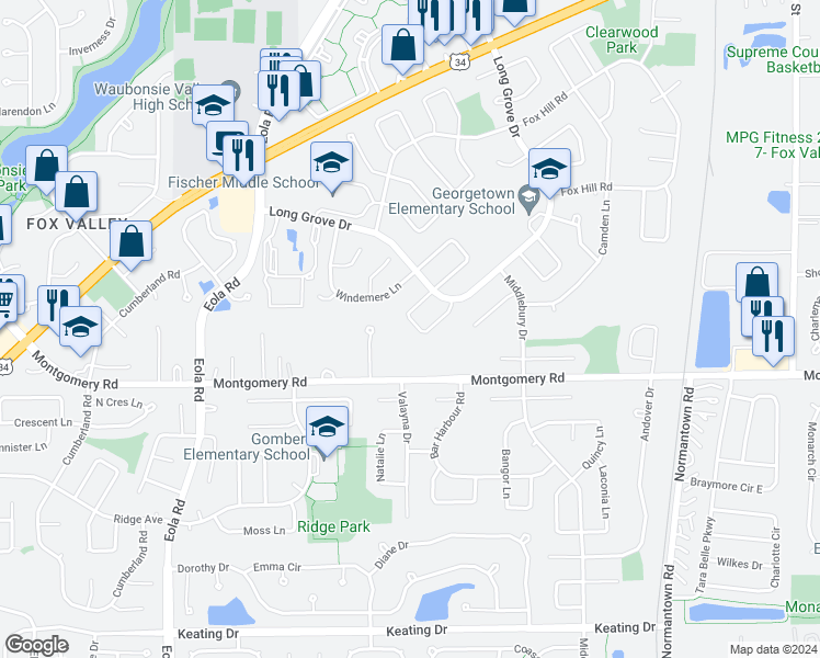 map of restaurants, bars, coffee shops, grocery stores, and more near 1128 Brunswick Lane in Aurora