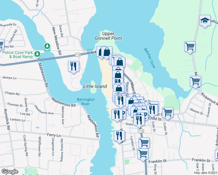 map of restaurants, bars, coffee shops, grocery stores, and more near 99 Water Street in Warren
