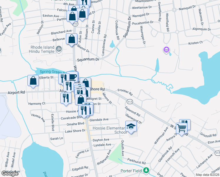 map of restaurants, bars, coffee shops, grocery stores, and more near 109 Rhode Island 117 in Warwick