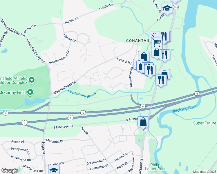 map of restaurants, bars, coffee shops, grocery stores, and more near 34 Ledgebrook Drive in Mansfield